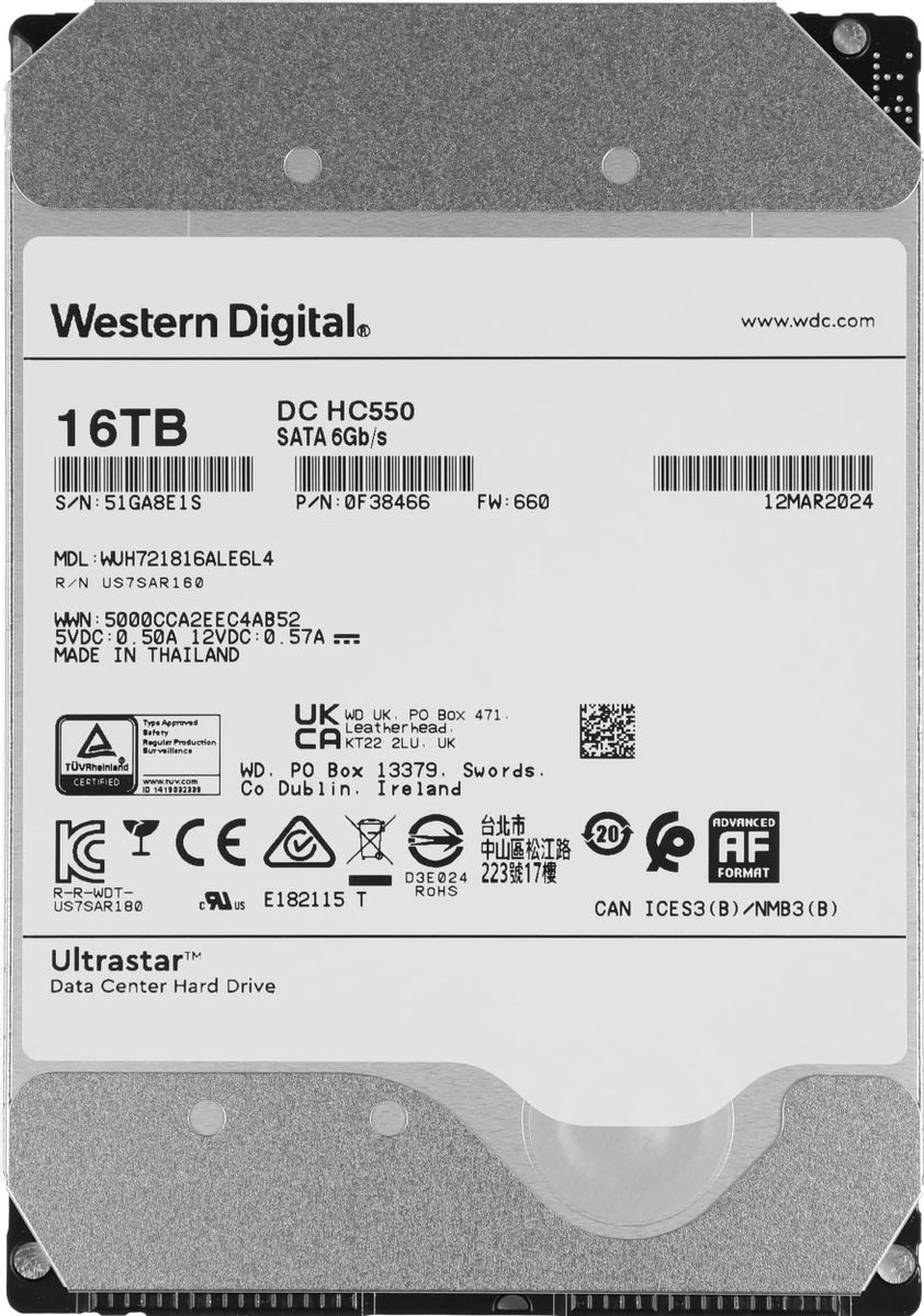 Жесткий диск WD Ultrastar DC HC550 WUH721816ALE6L4,  16ТБ,  HDD,  SATA III,  3.5" [0f38462]